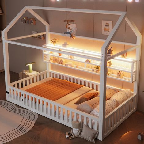 Bett Metall Weiß 90x200 cm, hausförmig mit Sicherheitszaun und LED-Beleuchtung (1/5)