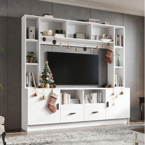 Mueble TV mural 180 x 35 x 170 cm con 2 armarios, 2 cajones y 11 compartimentos, blanco DESVIAE (1/5)