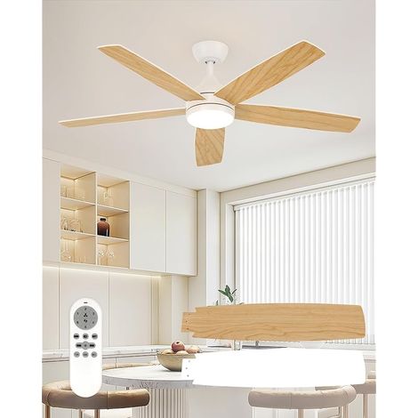 Ventilateur Plafond avec telecommande, Silencieux Dimmable Lampe ventilateur de plafond LED, Fonction mémoire, Minuterie, DC Silencieux Réversibles, Blanc/Couleur bois