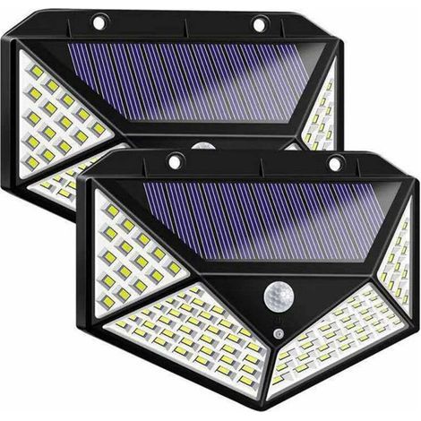 2er-Pack Solarleuchten mit je 100 LEDs, Solarbetrieben mit Solarpanel, superheller Solarladung, energiesparend, 3 Beleuchtungsmodi, wasserdicht, Bewegungssensor für Garten und Parkplatz (1/3)