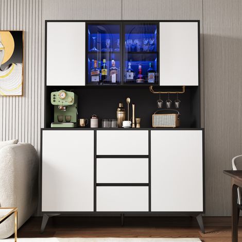 Buffet haut vaisselier et vitrine,120x40x160 cm, de rangement pour salle à manger salon avec LED intelligente, 3 tiroirs et porte-verre, Noir et Blanc