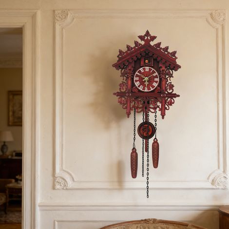YISSALE-Uhr in Form eines Hauses Kuckucksuhr mit zentralem Uhrwerk Sekunde Retro-Wanduhr aus MDF für Wohnzimmer Schlafzimmer Dekoration Uhr, rot (1/5)