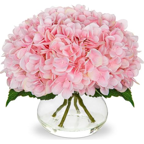 1 Arrangement floral Hortensia, Vase en verre, Soie synthétique, Décoration intérieur, Salon Bureau (1/5)