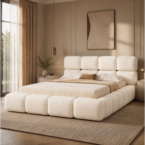 Cama canapé 180x200 cm hidráulica con somier, cabecero acolchado, blanco bouclé HAVRYA (1/5)
