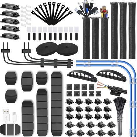 188-teiliges Kabelmanagement-Set mit 6 Kabelschutzschläuchen, 50 Kabelclips, 2 Rollen Klebeband, 20 Kabelbindern, 10 Kabelbindern mit Reißverschluss und 100 Kabelbindern