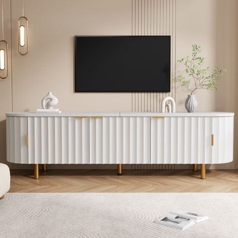 Mobile tv 170x40x47 cm da soggiorno - porta tv mdf bianco con 5 ante frontale scanalato lati arrotondati e piedini in ferro (1/5)