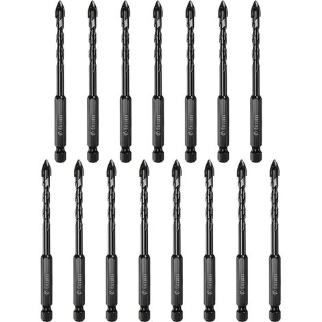 15pcs Foret Maçonnerie, Foret Béton 6mm 1/4" Tige Hexagonale Foret Céramique Pointe Carbure pour Briques, Verre, Plastique, Carrelage, Miroir Mur, Noir (1/5)