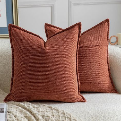 Lot de 2 Housses de Coussin Chenille 45x45 cm Bordure Décorative Orange Brûlé pour Canapé Salon (1/5)