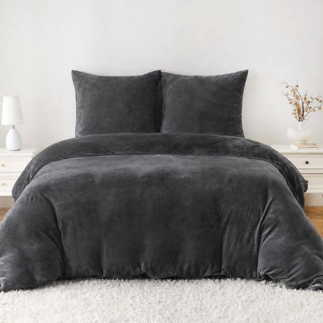 Bettwäsche-Set Flanell 155x220cm Schwarz mit 2 Kissenbezügen 80x80cm