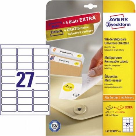 Universaletikett 63,5 x 29,6 mm (B x H) wieder ablösbar Papier weiß 810 Etik./Pack. (1/5)