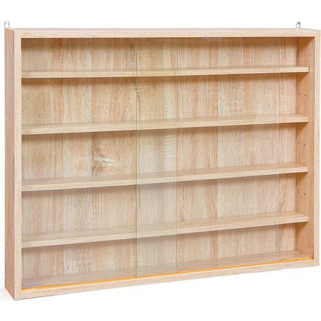 Altobuy – Vitrine murale 5 compartiments en panneau mélaminé aspect chêne – Verre sécurit – Dimensions 80x9,5xH60 cm – Charge max 500g par étagère