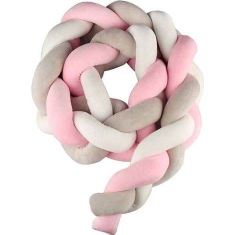 Tour de Lit 2m Bébé Coussin Serpent Velours Berceau Pare-chocs Tressé Bébé lit Bumper Noué Tressé en Peluche (Gris + blanc + gris)
