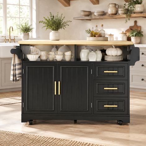 Isola cucina mobile 143x80x95 cm in MDF e metallo nero, piano ribaltabile salvaspazio – MEUBLIV (1/5)