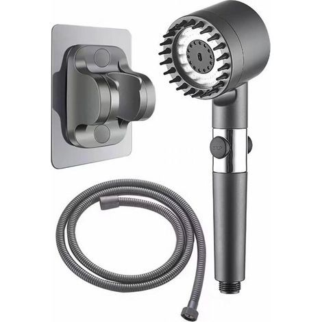 Pomme de douche avec tuyau de 1,5 m - Haute pression filtrée - 4 modes - Grand pommeau de douche pressurisé à main avec interrupteur de pause d'eau - Accessoires de douche - Gris (1/5)