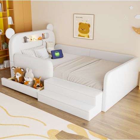 Cama infantil tapizada 90 x 200 cm blanca con cabecero de oso, luz nocturna y USB (1/5)