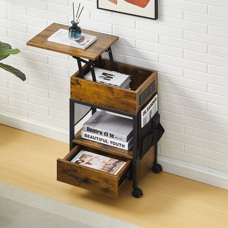 Bedside Table with Charging Station, Top-Flip Bedside Cabinet with Lockable Drawers and Hidden Storage, Side Table with Open Storage Space for Small Spaces Living Bedroom Brown (1/5)