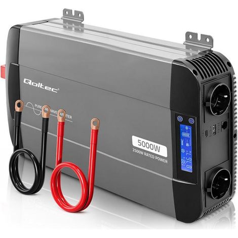 Convertidor de voltaje de onda sinusoidal pura Qoltec  12V a 230V  2500/5000W  LCD  USB  USB-C  Compatible con LiFePO4 GEL
