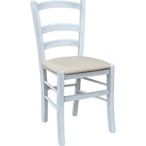 Sedia in legno venezia anticata bianca con seduta similpelle color crema (1/5)