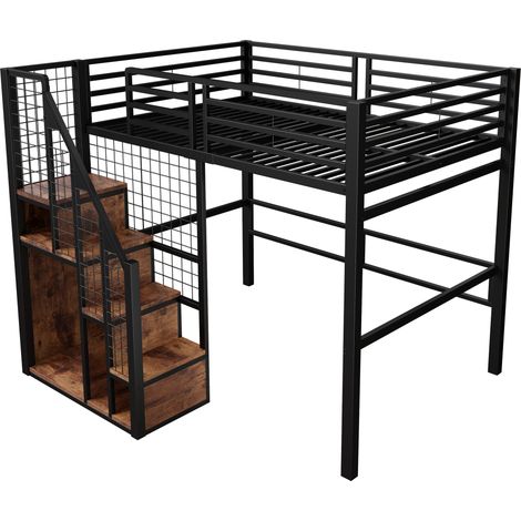 CAIziLit mezzanine 140x200, échelle sécurité, rangement, tablette, noir (1/5)