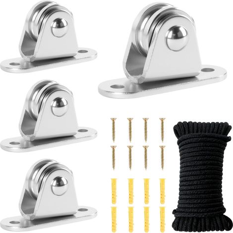 Kit de 4 Poulie de Levage Métalliques pour Câbles de 3 à 6mm, Poulies de Renvoi avec 10m de Corde de Traction, Vis et Manchons en Plastique –pour Voile D'ombrage, Serre, Corde à Linge, Brise, Soleil (1/5)