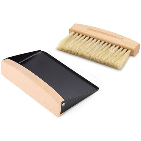 Mini cubo de basura metálico y juego de cepillo para barrer el polvo y la suciedad de las chimeneas, combinación de cepillo de mesa natural (negro). (1/3)