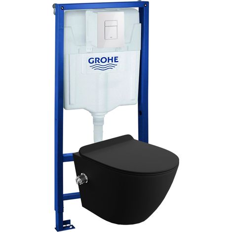 GROHE Bâti-support Solido + Lavita WC Salto Black suspendu noir sans bord + panneau de commande Delta 25 blanc  Kit complet WC