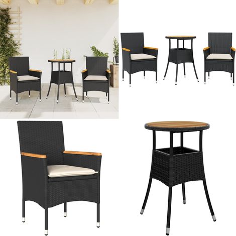 Set Pranzo da Giardino 3 pz con Cuscini Nero Polyrattan Acacia - Tavolo da giardino - Sedie da giardino