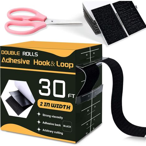 Klettband, hochviskose Kleberückseite, frei zuschneidbar, stoffklebend, Nylonklebeband, wiederverwendbar, 2 Rollen und eine Schere (50 mm x 9 m, schwarz) (1/5)