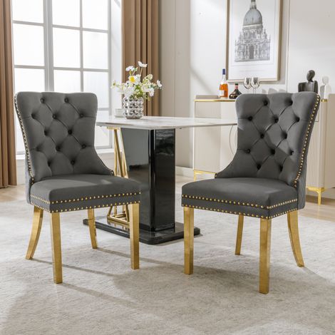 Sedia da pranzo imbottita in velluto grigio con gambe in acciaio inox dorato, 50,5 x 45 x 95 cm (1/5)