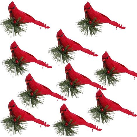 10 künstliche Schaumstoffvögel mit roten Kiefernspitzen, Dekoration für Weihnachten, Hochzeiten und Partys, mit Clip (1/5)
