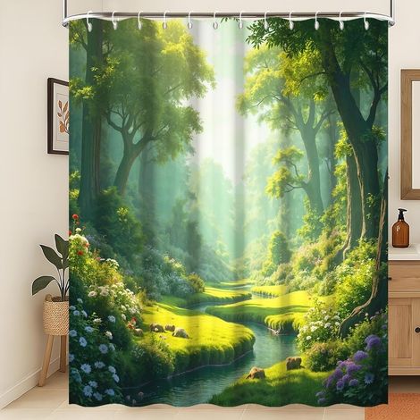 Rideau de Douche Plantes Florales Rideau de Douche Vert Printemps Nature forêt Grands Arbres Verts Fleur épanouie Ruisseau Rideau de Douche imperméable à la Nature 150x200cm (1/5)