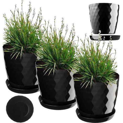 KADAX Blumentopf mit Untersetzer, Topf für Blumen, Rund, 20 cm, Schwarz, 3 Stück