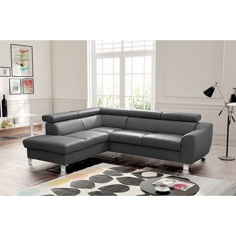 Canapé d'angle en cuir italien de luxe 5 places ASTERO, gris foncé, angle gauche (1/4)