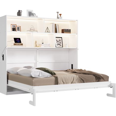 CHICFURN Lit escamotable 90x200 cm convertible avec rangement, LED, USB et prise, meuble gain de place blanc en bois et MDF pour chambre d'appoint (1/5)