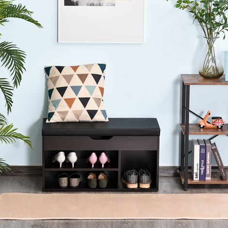 Étagère à chaussures rembourrée gain de place pour entrée. Étagère à chaussures à 3 compartiments. Assise en similicuir. Idéale pour le salon et le couloir. 80 x 30 x 43 cm. Noire.