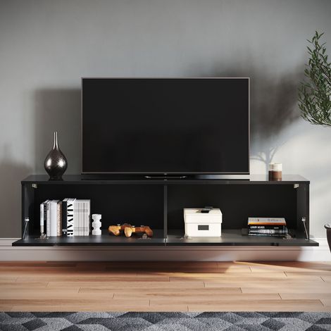 SIRHONA Tableau TV avec éclairage LED Suspendu Noir Brillant 140 cm Moderne 2 abattants (1/5)