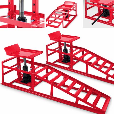 2 Auto PKW Auffahrrampen mit Wagenheber Wartungsrampe Hebebühne 2000kg in Rot