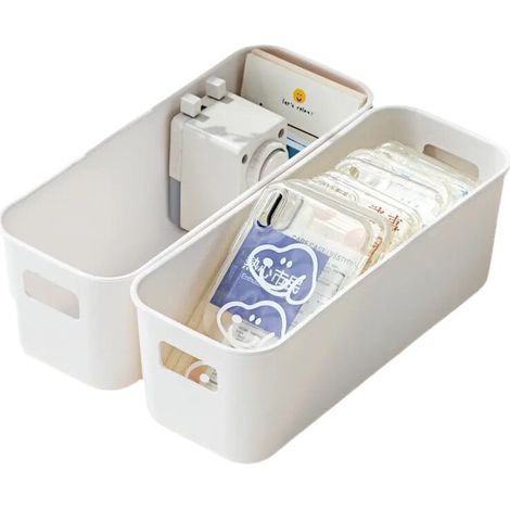 Sollbry Juego de 4 cajas de almacenamiento pequeñas apilables de plástico blanco, sin tapa y con asas, para oficina, cocina, baño y armario. (1/5)