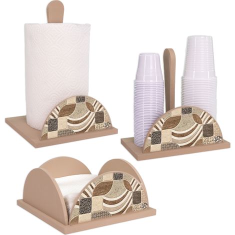 Lupia - Set 3 pezzi NEW VINTAGE TILES Porta Bicchieri, Porta Tovaglioli e Porta Rotolo in legno, Stile vintage shabby, Decorazione foglie, Adatto a stili moderni e classici, Legno