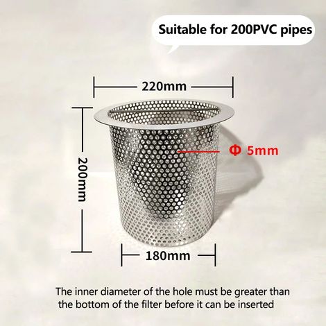 (200-20) Grande bonde de fond de baignoire extérieure en acier inoxydable, filtre sur mesure, renforcé et soudé manuellement, avec grille de filtration. (1/4)