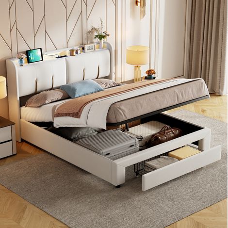 Cama con almacenamiento (140x200x112 cm), cabecero con tiras de luz y bolsas laterales, madera maciza y MDF, blanco beige (1/5)