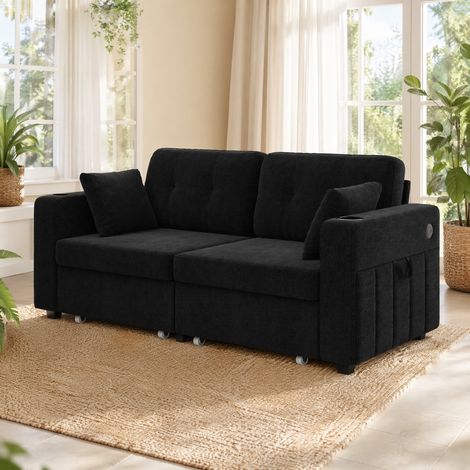 Canapé 2 places 172x75x82 cm noir avec rangement, USB, porte-gobelets, tissu chenille MEUBLIV (1/5)