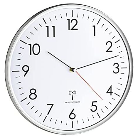 TFA Dostmann Reloj de pared analógico inalámbrico, de alta precisión, reloj de radio, blanco/plateado, 60.3514, adecuado para cocina, sala de estar, oficina o área de entrada, 330 x 50 mm