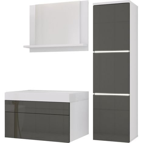 Ensemble de meubles de salle de bain, Blanc Mat / Gris Brillant (1/5)