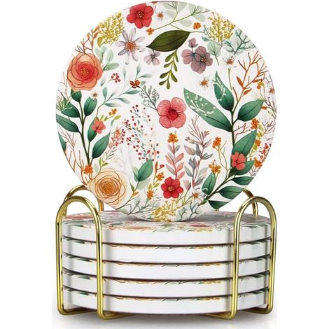 Lot de 6 Dessous de Verre absorbants en céramique avec Support - Motif Floral Mignon - Décoration de Table Basse - Cadeau Unique - Vintage - pour l'extérieur - Moderne - Cool - Motif Floral (1/5)