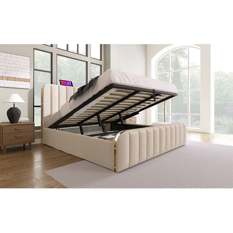 =AB20025051B. Lit double 180×200 cm, dessus recouvert de coussinets et orné de bandes dorées. Literie avec charge USB-C. Matériau lin beige, lit à ressorts sans matelas. (1/5)