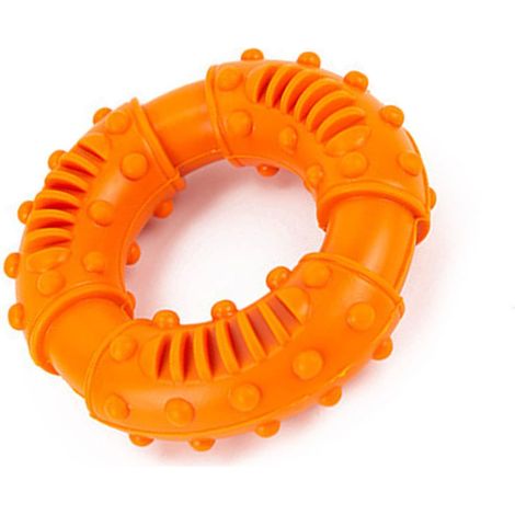 13 cm rundes orangefarbenes Kauspielzeug aus Gummi für Hunde, ideal für mittelgroße und große Hunde.