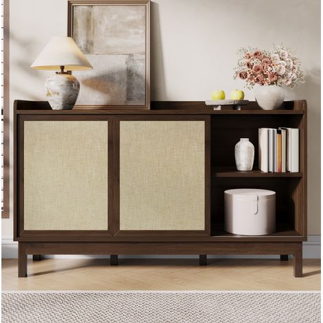 Sideboard aus Spanplatte in Natur 150 x 39,5 x 80 cm mit Schiebetüren, 2 Schubladen und verstellbaren Einlegeböden (1/5)