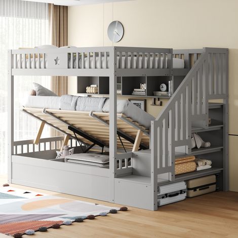 CHICFURN Litera 140x200 cm de madera gris con almacenaje hidráulico y escalera (1/5)