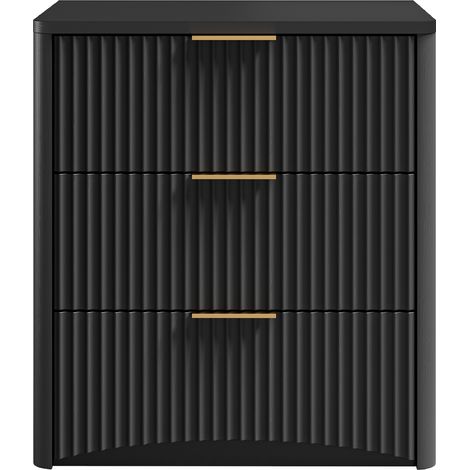 Comodino nero con 3 cassetti, design a scanalature, maniglie in metallo dorato, MDF (1/5)